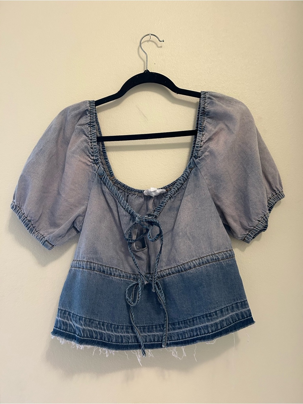 Ee:some Washed Denim Tie-Front Puff Sleeve Top